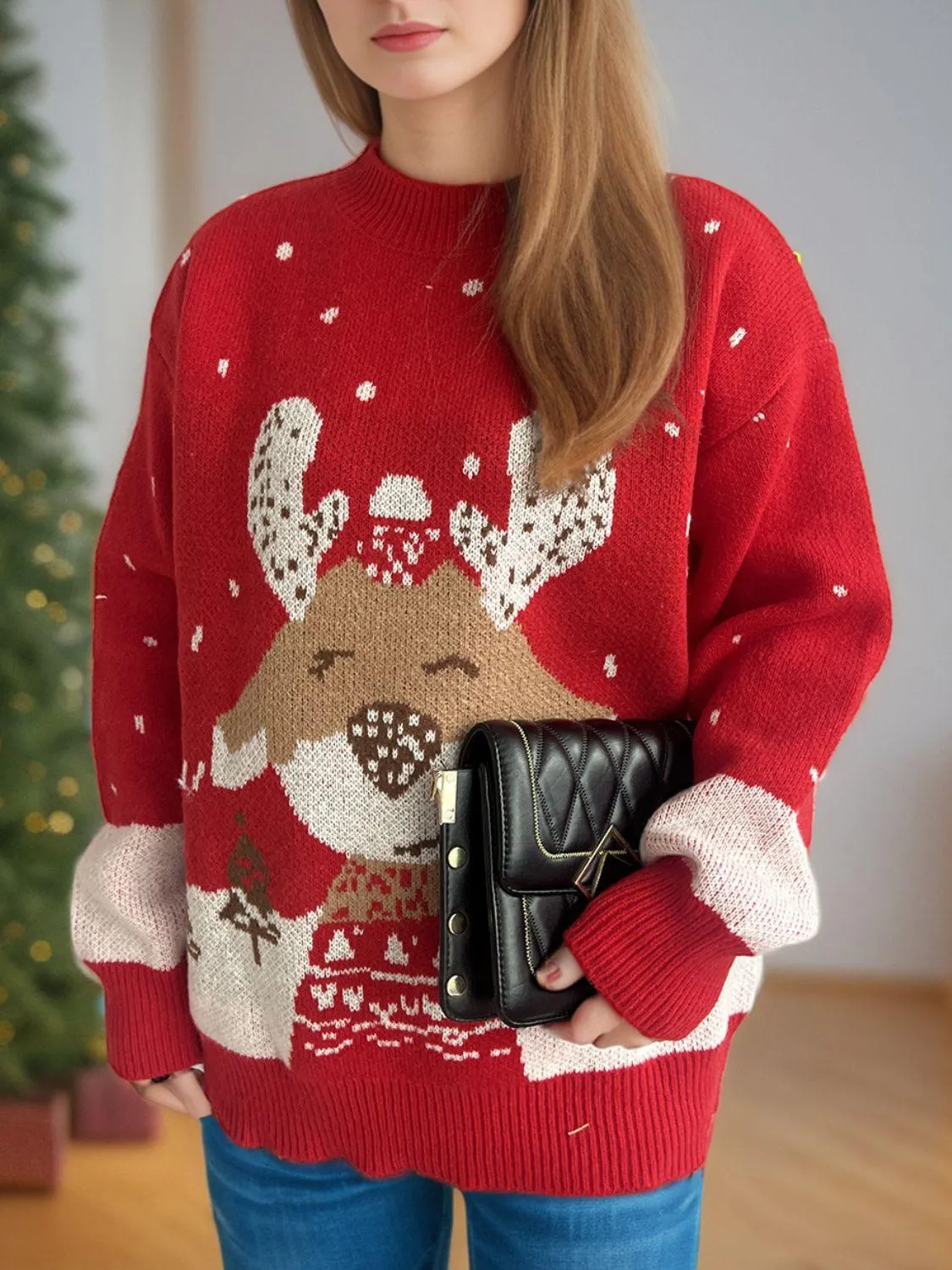 Christmas Sweater Deep Red Reindeer Mock Neck Long Sleeve Pullover