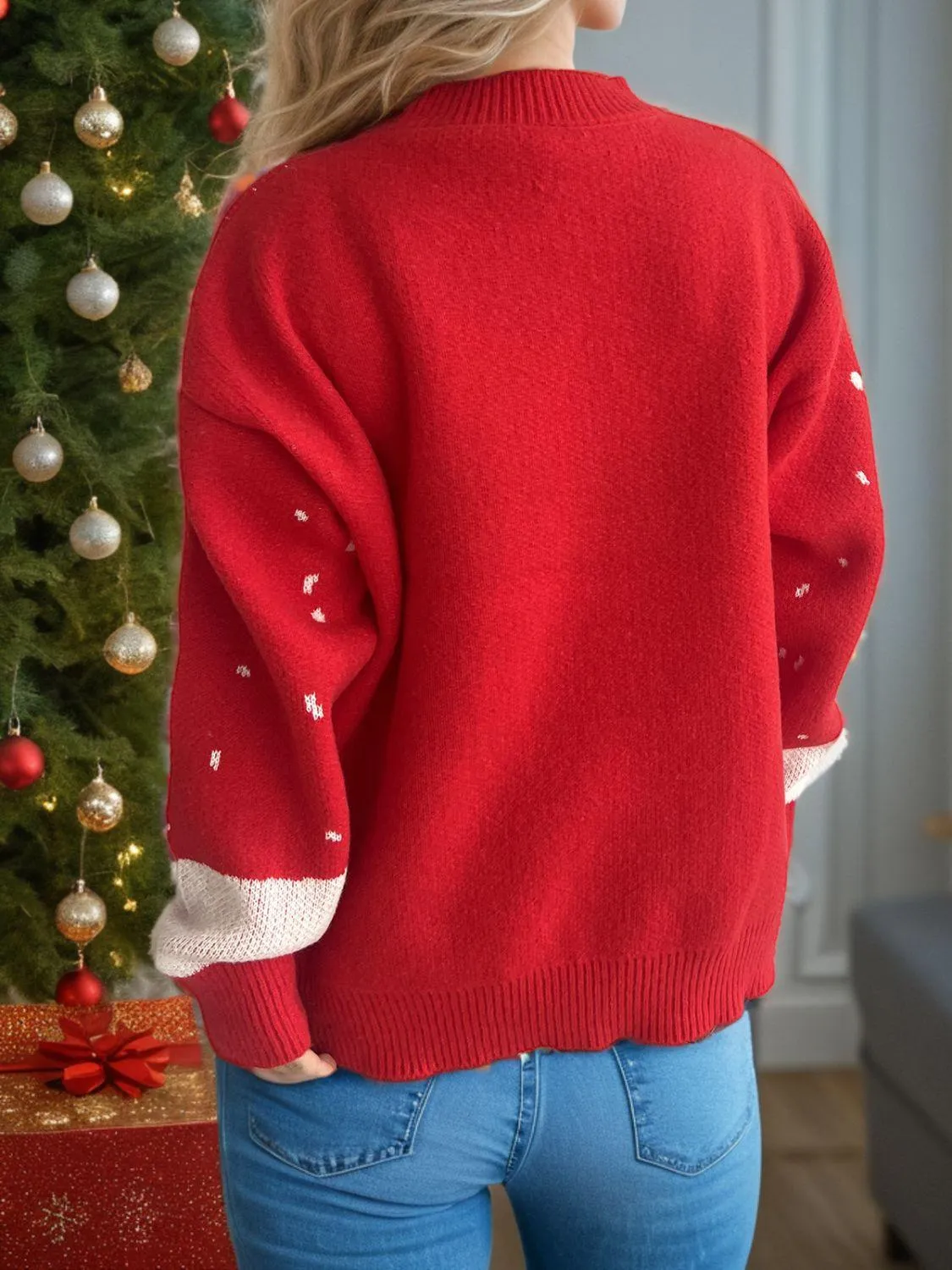 Christmas Sweater Deep Red Reindeer Mock Neck Long Sleeve Pullover