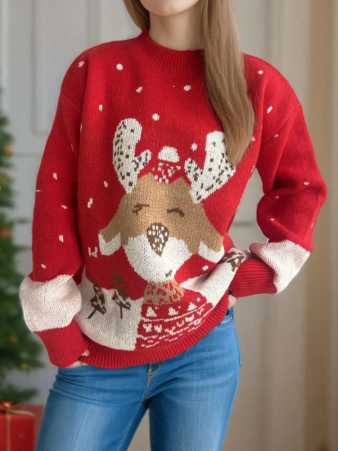 Christmas Sweater Deep Red Reindeer Mock Neck Long Sleeve Pullover