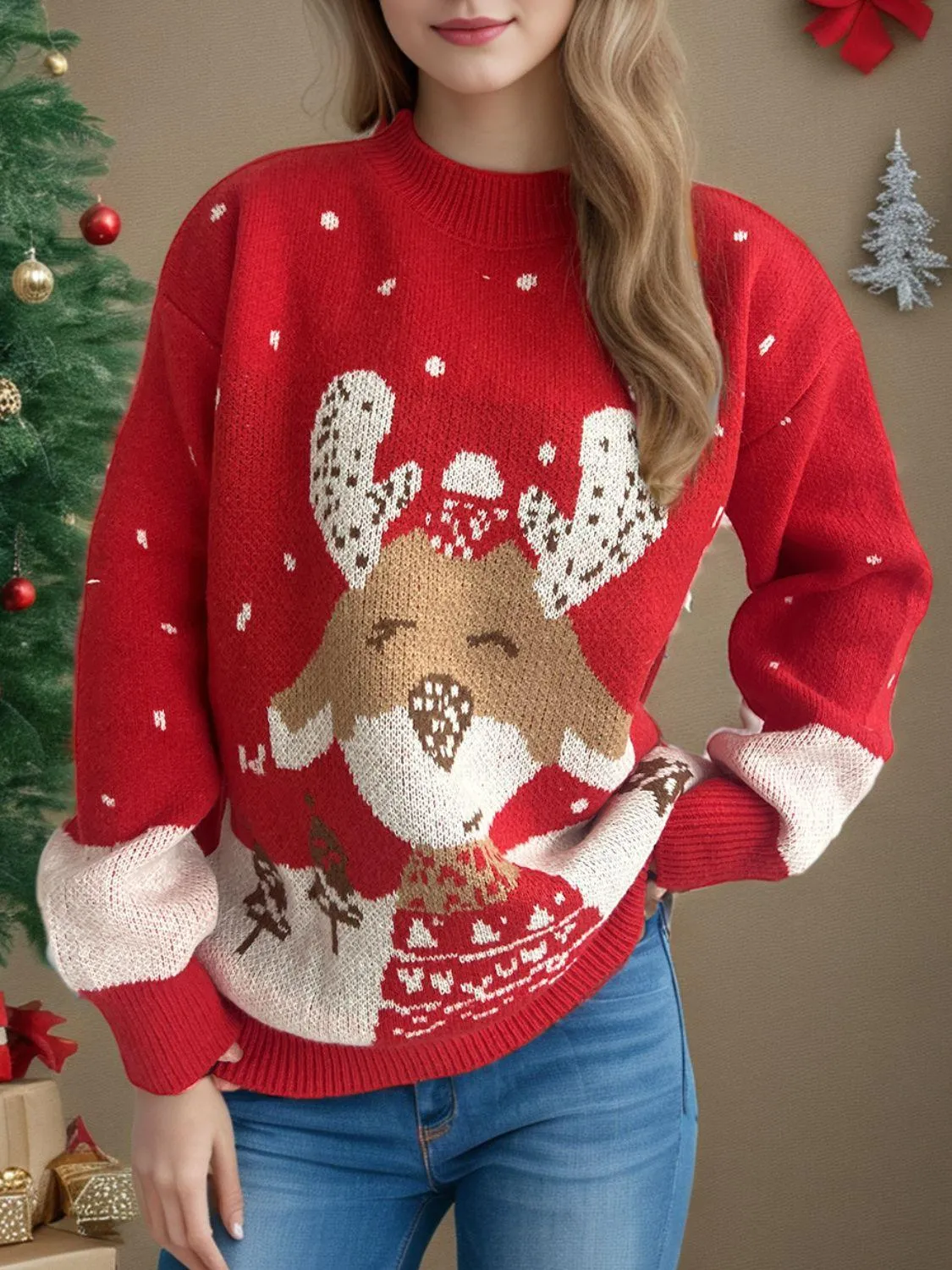 Christmas Sweater Deep Red Reindeer Mock Neck Long Sleeve Pullover