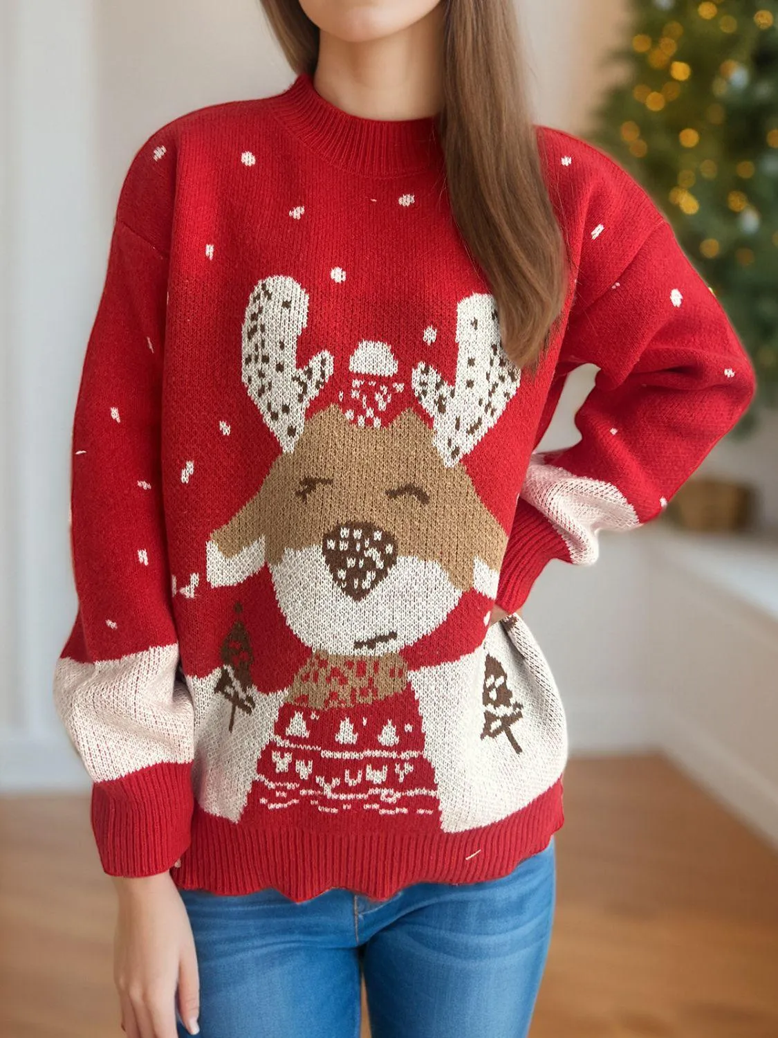 Christmas Sweater Deep Red Reindeer Mock Neck Long Sleeve Pullover