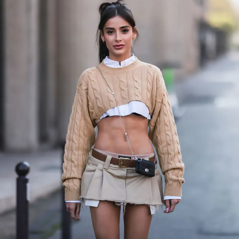 Chunky Cable Knit Solid Color Crew Neck Super Cropped Sweater