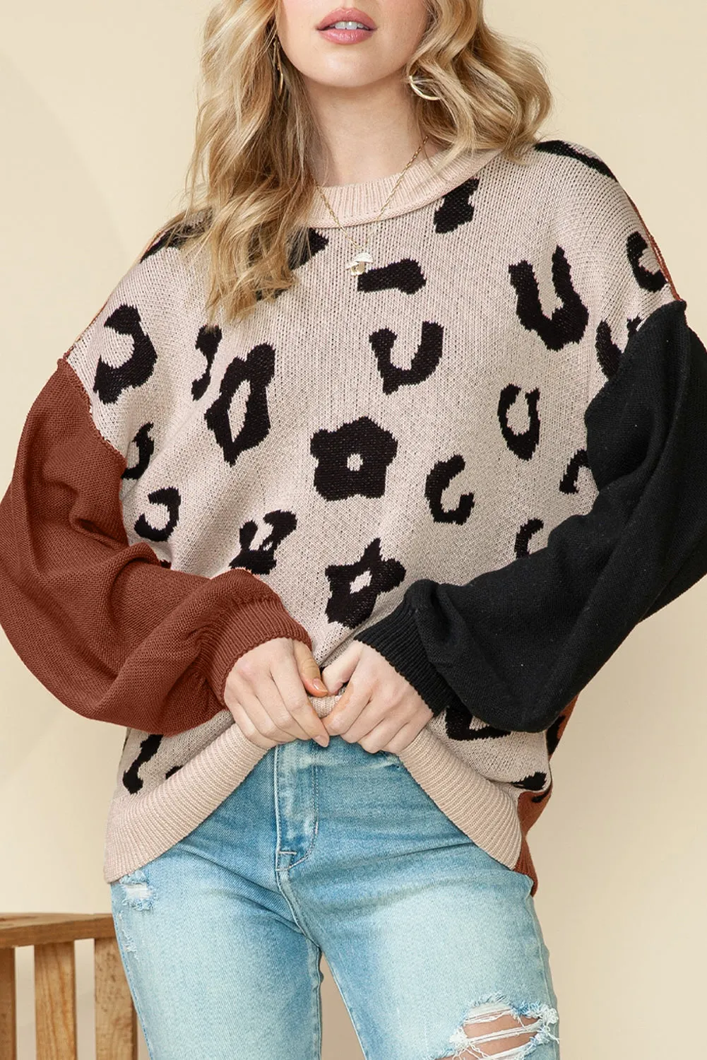 Coffee Leopard Print Patchwork Pullover Sweater