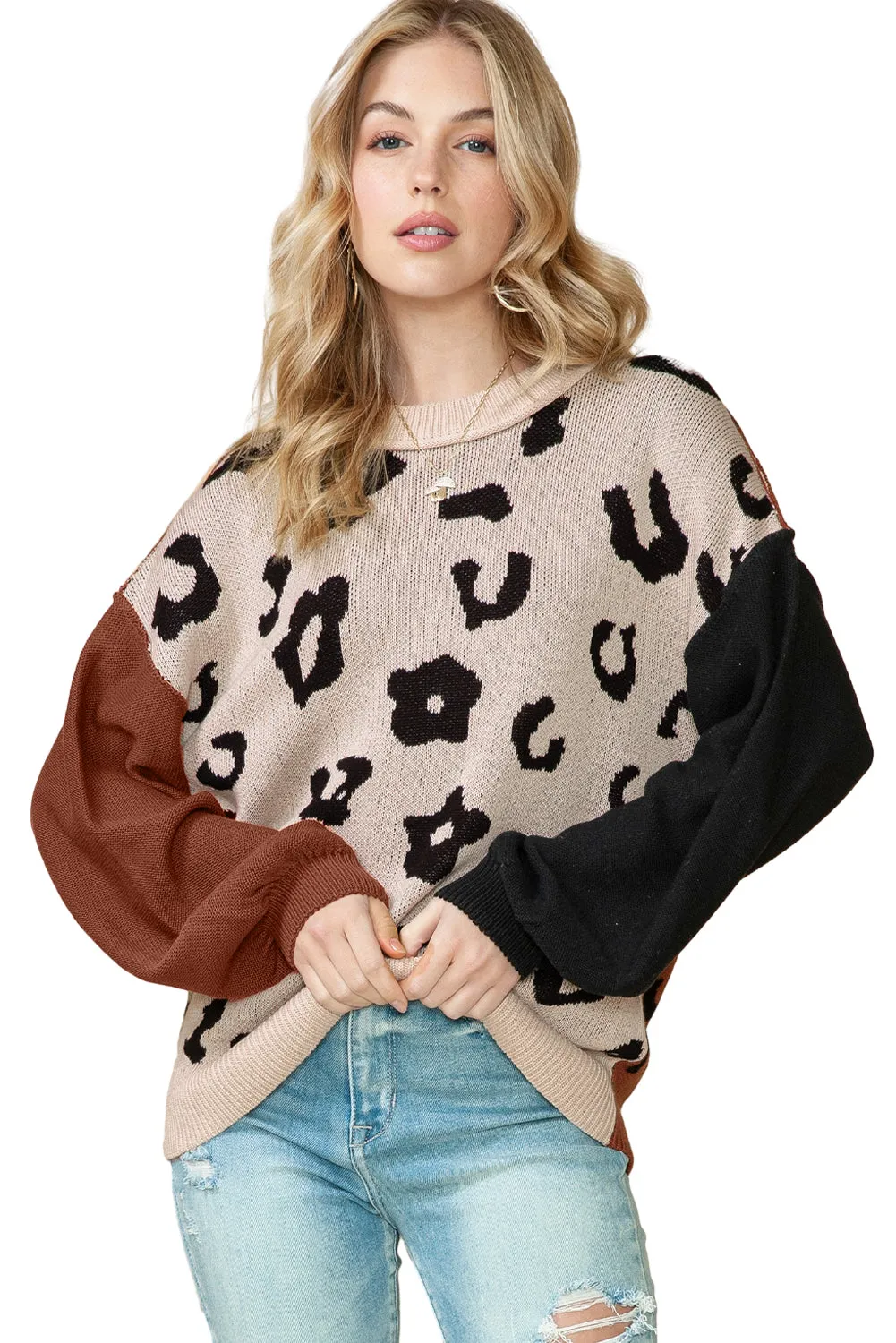 Coffee Leopard Print Patchwork Pullover Sweater