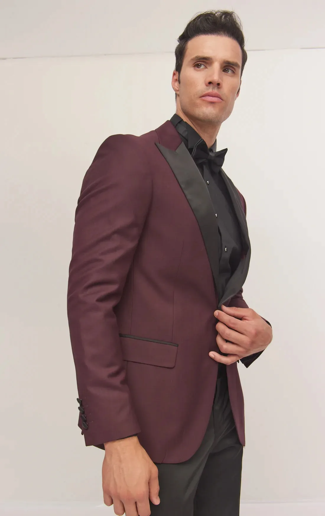 Contrast Lapel Wide Peak Tuxedo- Burgundy