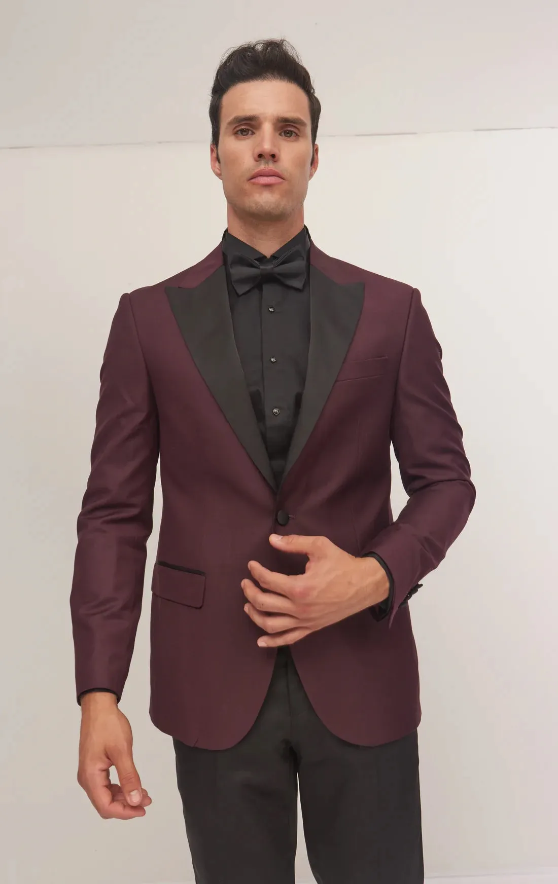 Contrast Lapel Wide Peak Tuxedo- Burgundy