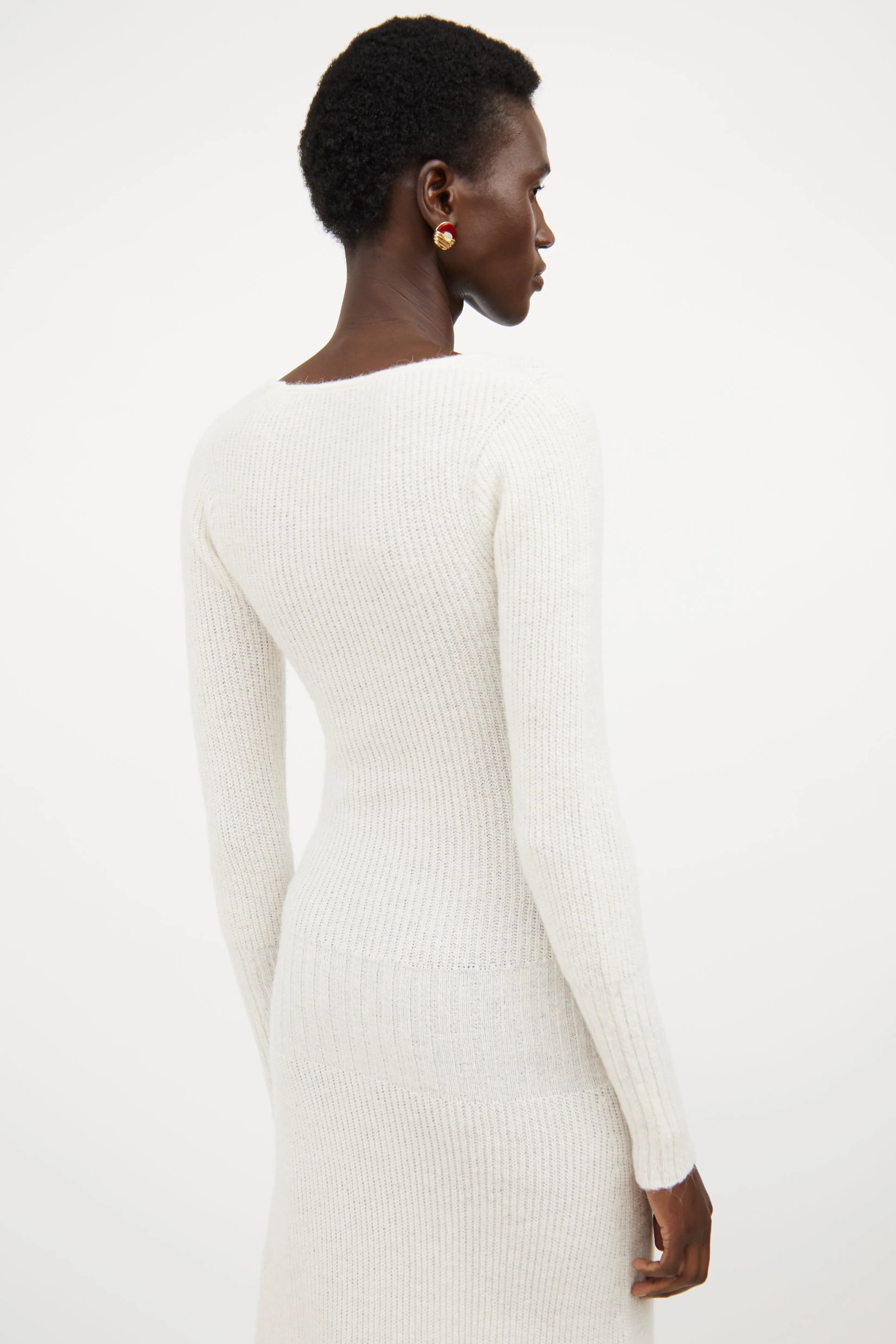 Cream Ribbed Knit Sweater Dress