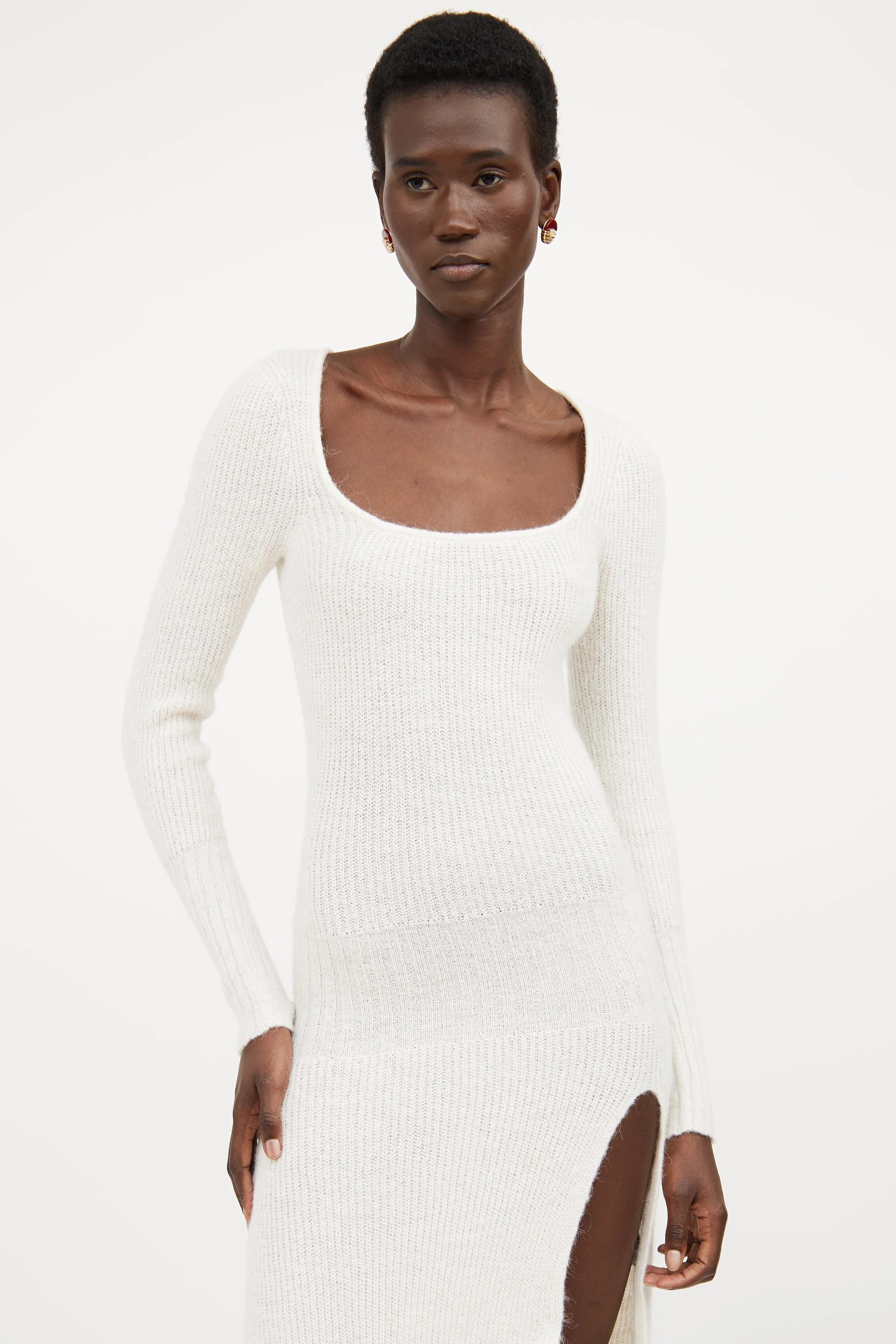 Cream Ribbed Knit Sweater Dress