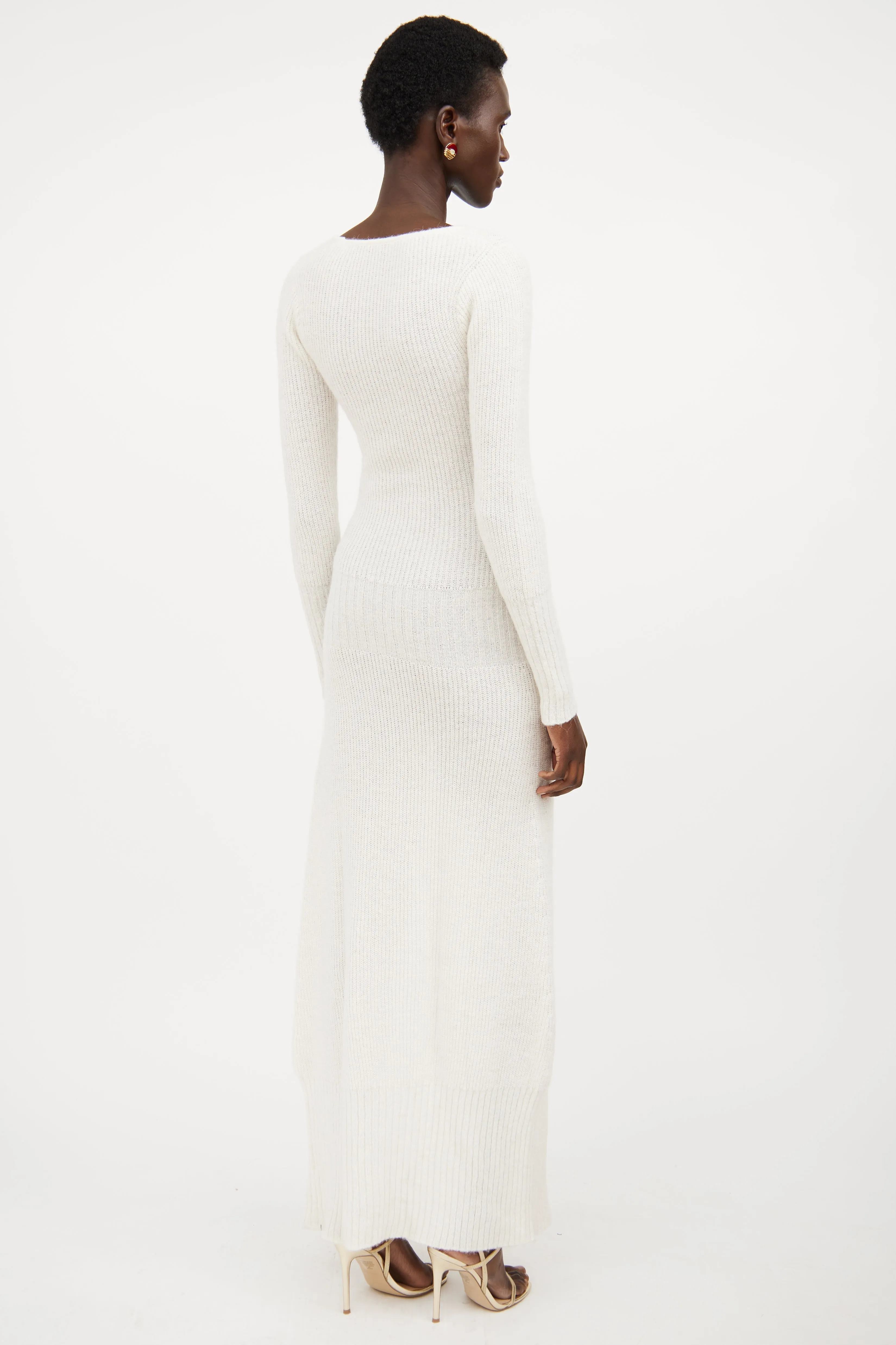 Cream Ribbed Knit Sweater Dress