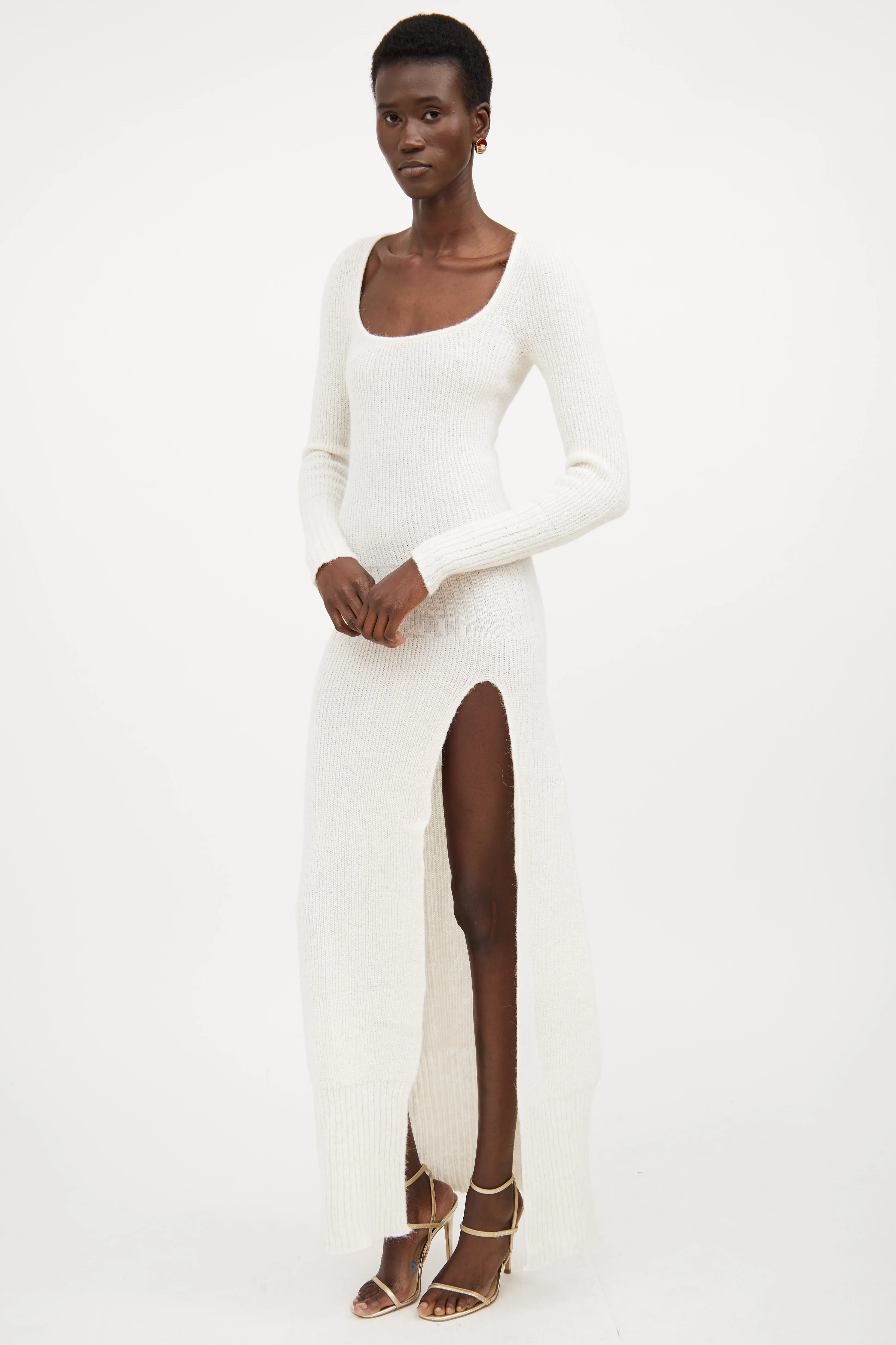 Cream Ribbed Knit Sweater Dress