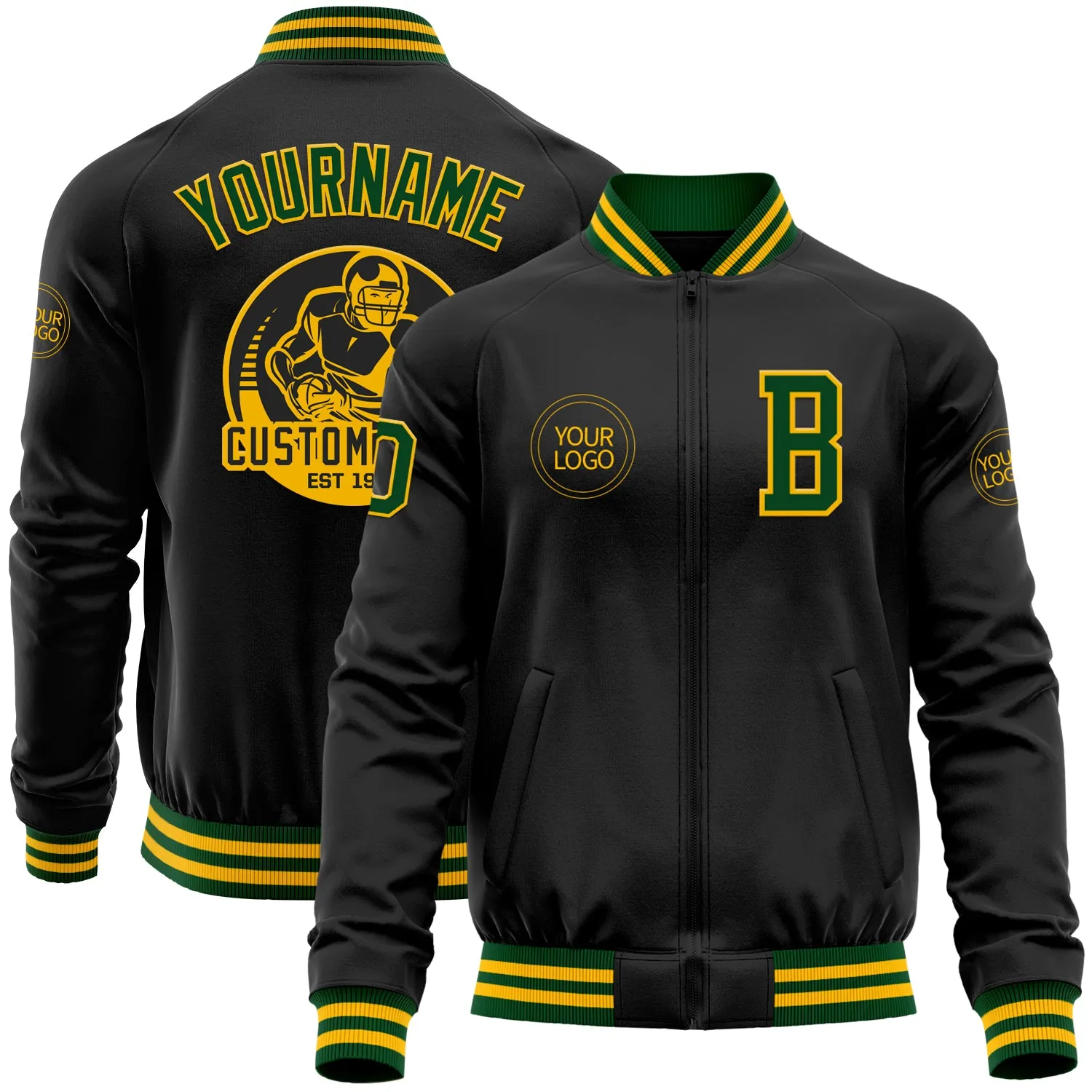 Custom Black Gold-Green Bomber Varsity Letterman Zipper Jacket