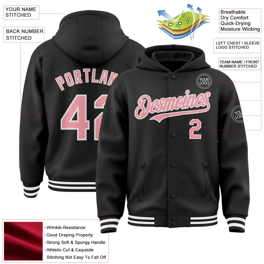 Custom Black Medium Pink-White Bomber Full-Snap Varsity Letterman Hoodie Jacket