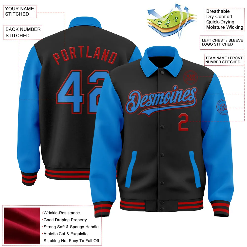 Custom Black Powder Blue-Red Bomber Full-Snap Varsity Letterman Two Tone Lapel Collar Byron Jacket