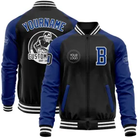 Custom Black Royal-White Bomber Varsity Letterman Two Tone Zipper Jacket