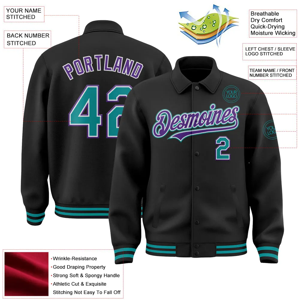 Custom Black Teal-Purple Bomber Full-Snap Varsity Letterman Lapel Collar Byron Jacket