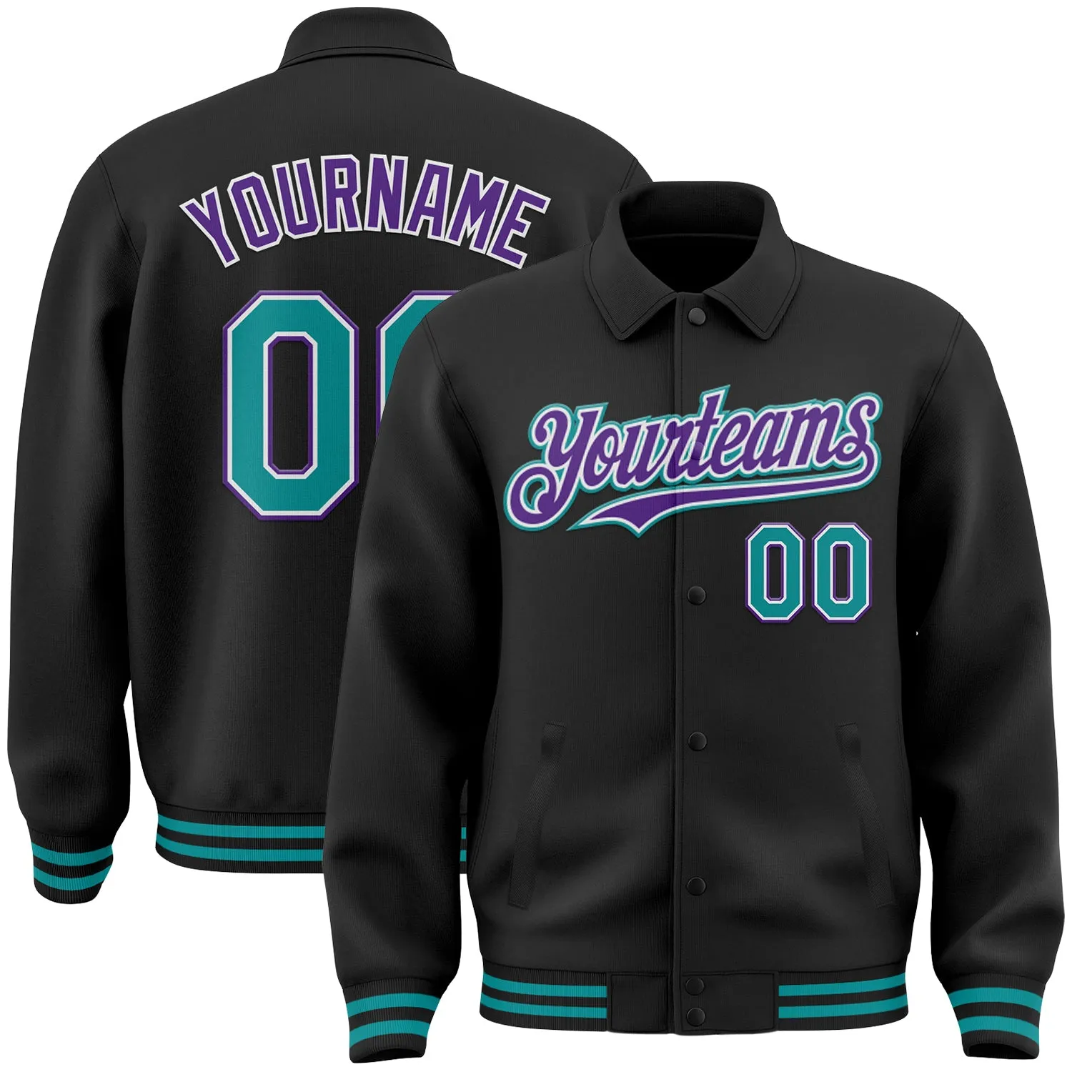 Custom Black Teal-Purple Bomber Full-Snap Varsity Letterman Lapel Collar Byron Jacket