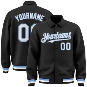 Custom Black White-Light Blue Bomber Full-Snap Varsity Letterman Lapel Collar Byron Jacket