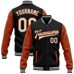 Custom Black White-Texas Orange Bomber Full-Snap Varsity Letterman Two Tone Jacket