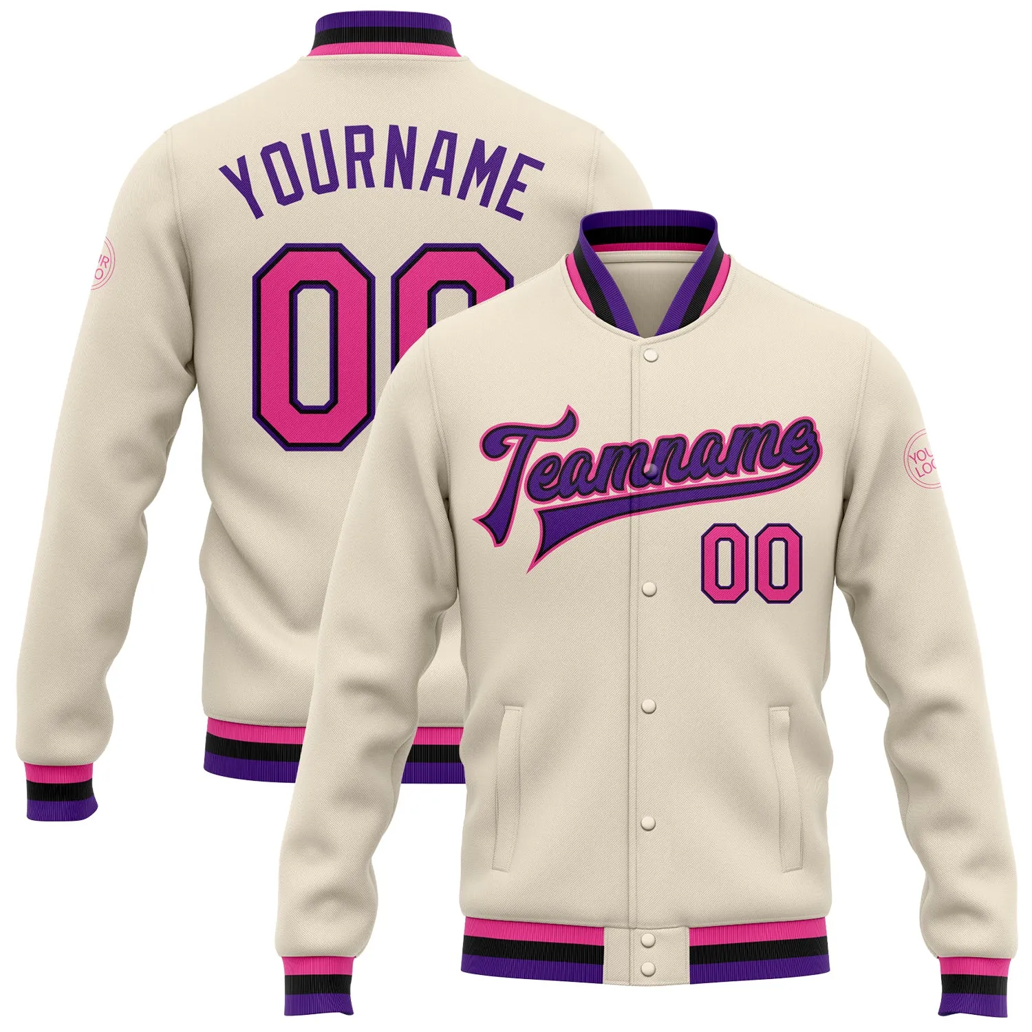 Custom Cream Pink Black-Purple Bomber Full-Snap Varsity Letterman Jacket