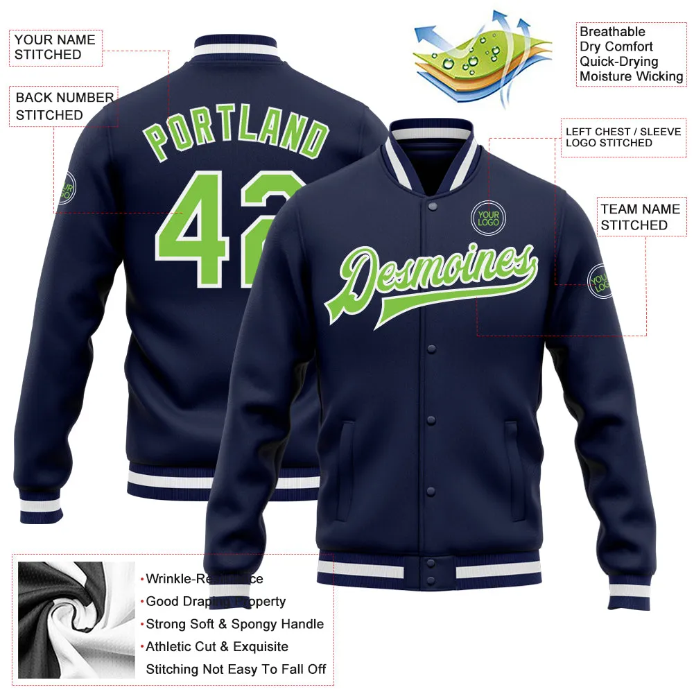 Custom Navy Neon Green-White Bomber Full-Snap Varsity Letterman Jacket