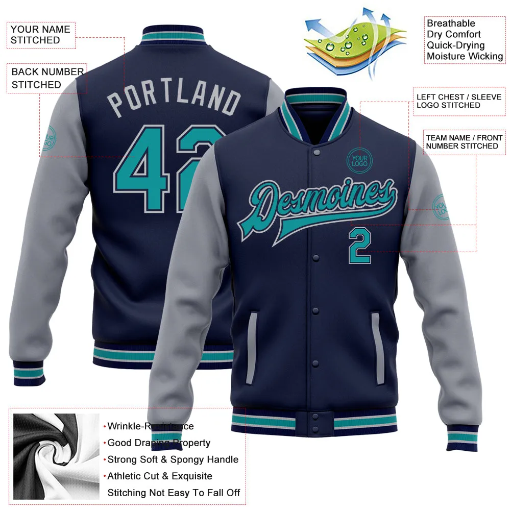 Custom Navy Teal-Gray Bomber Full-Snap Varsity Letterman Two Tone Jacket