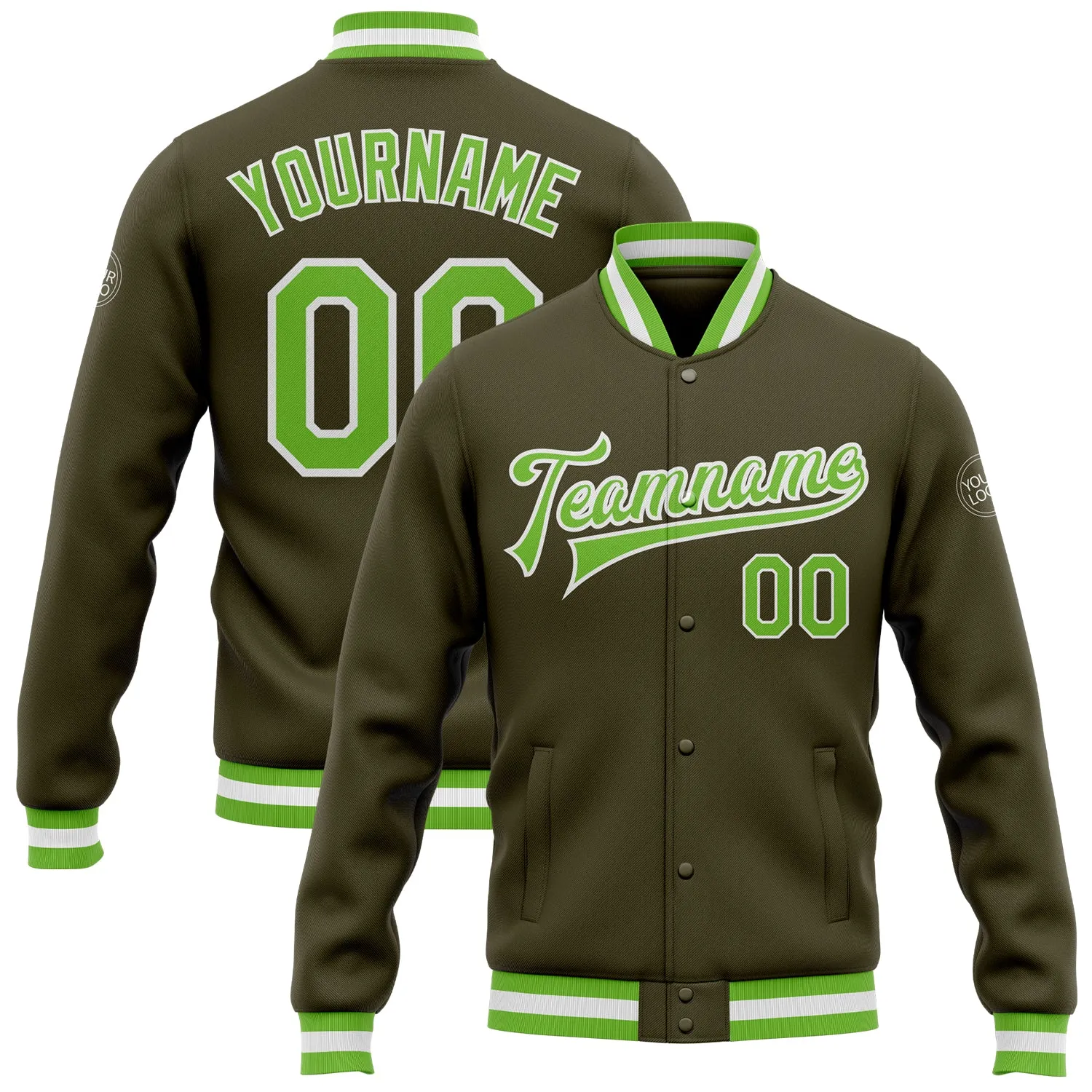 Custom Olive Neon Green-White Bomber Full-Snap Varsity Letterman Salute To Service Jacket