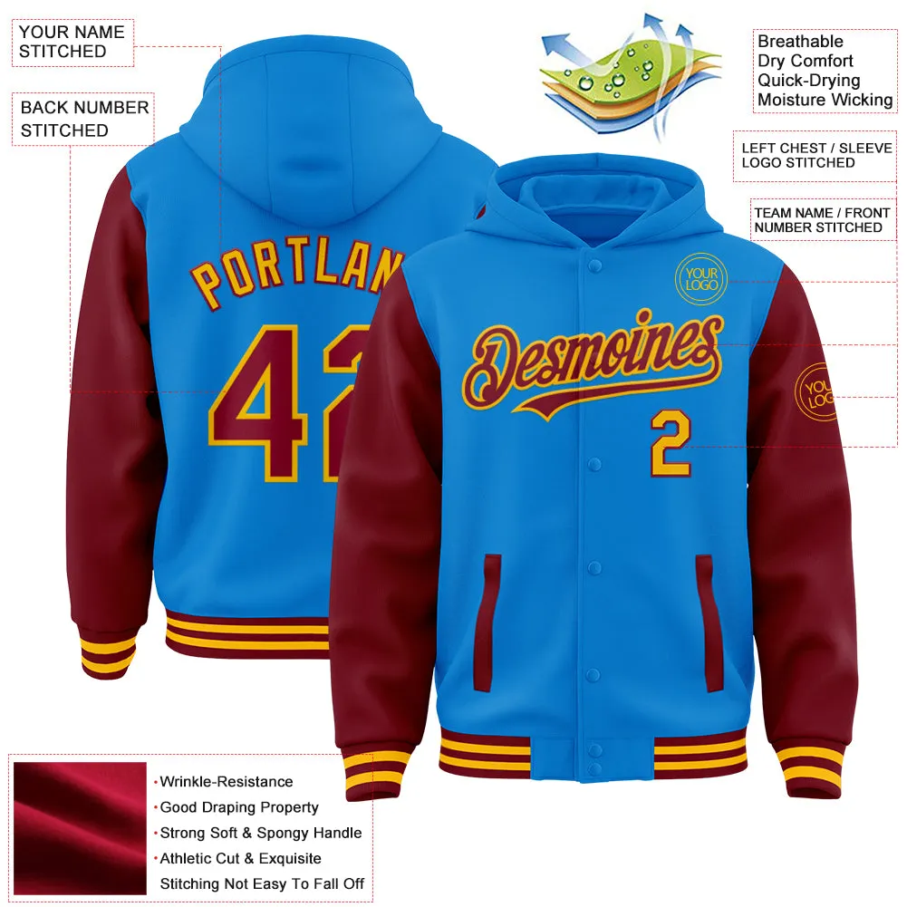 Custom Powder Blue Crimson-Gold Bomber Full-Snap Varsity Letterman Two Tone Hoodie Jacket