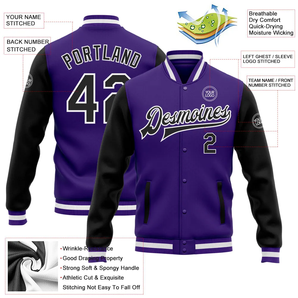 Custom Purple Black-White Bomber Full-Snap Varsity Letterman Two Tone Jacket