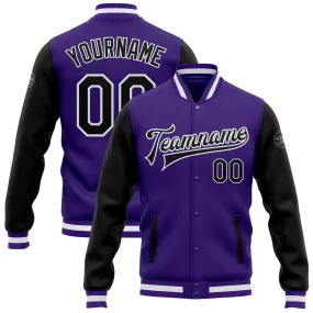 Custom Purple Black-White Bomber Full-Snap Varsity Letterman Two Tone Jacket