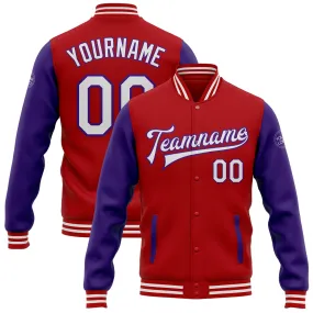 Custom Red White-Purple Bomber Full-Snap Varsity Letterman Two Tone Jacket