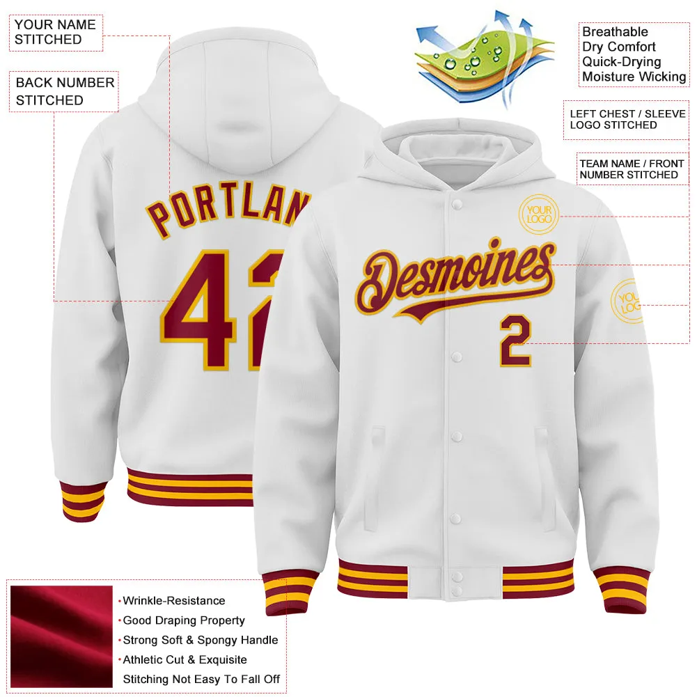 Custom White Crimson-Gold Bomber Full-Snap Varsity Letterman Hoodie Jacket