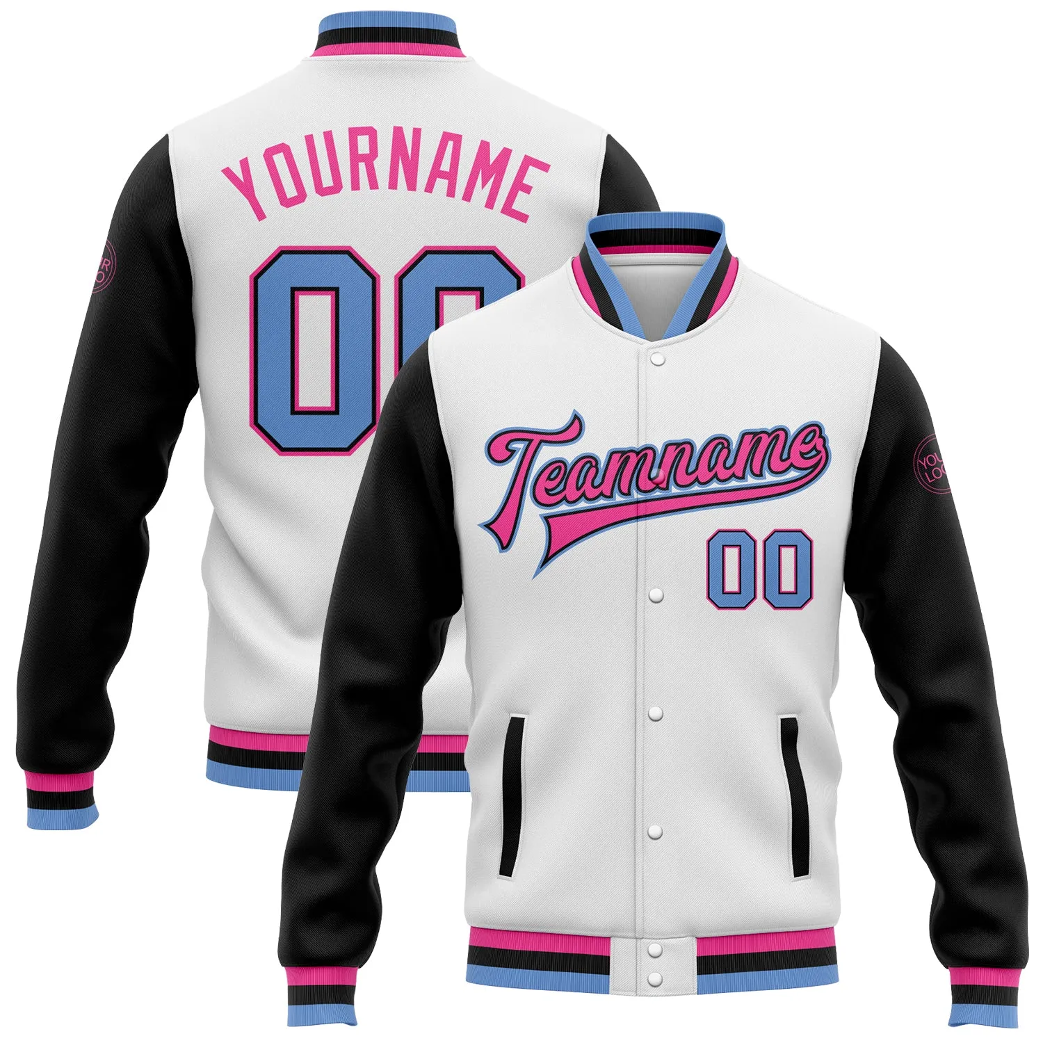 Custom White Light Blue Black-Pink Bomber Full-Snap Varsity Letterman Two Tone Jacket