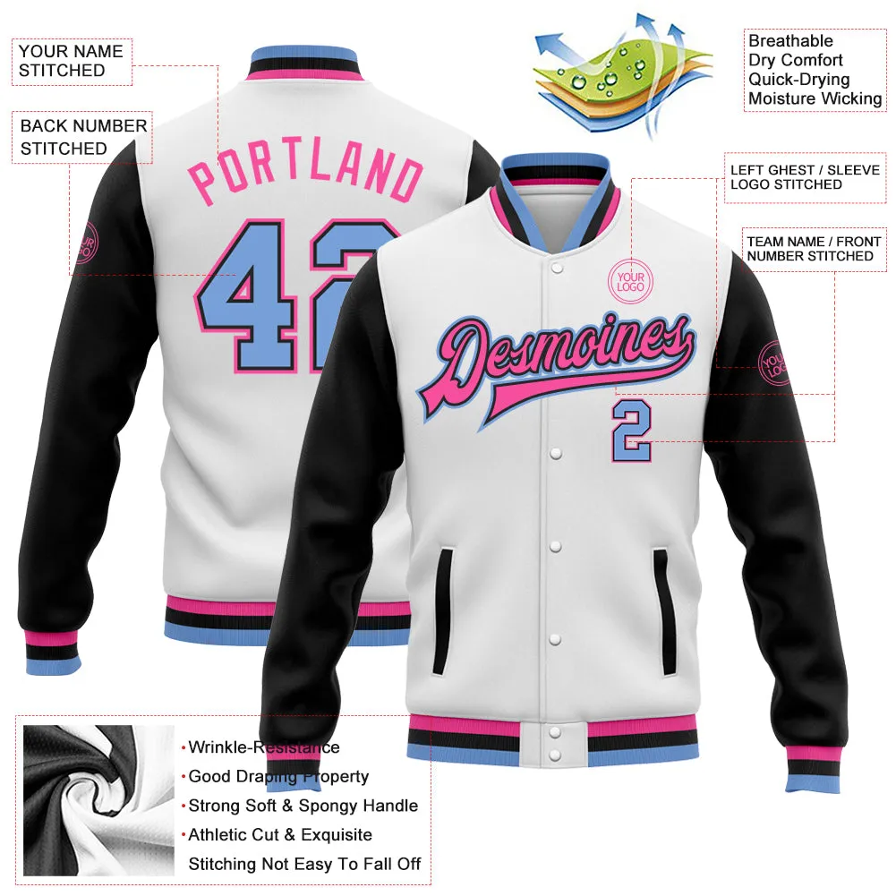 Custom White Light Blue Black-Pink Bomber Full-Snap Varsity Letterman Two Tone Jacket