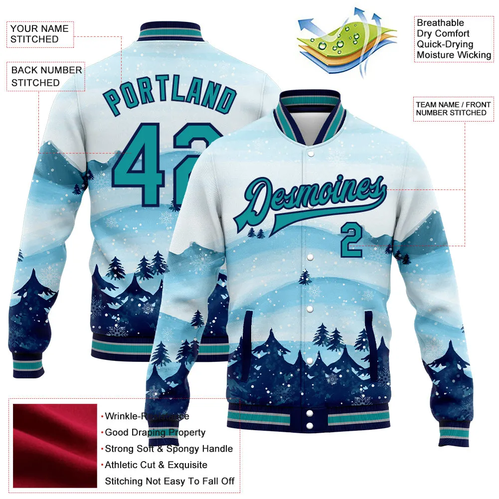 Custom White Teal-Navy Watercolor Forest Winter Snow Landscape 3D Pattern Design Bomber Full-Snap Varsity Letterman Jacket