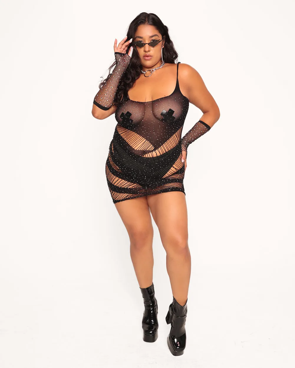 Dance Into Dawn Curve Rhinestone Fishnet Outfit