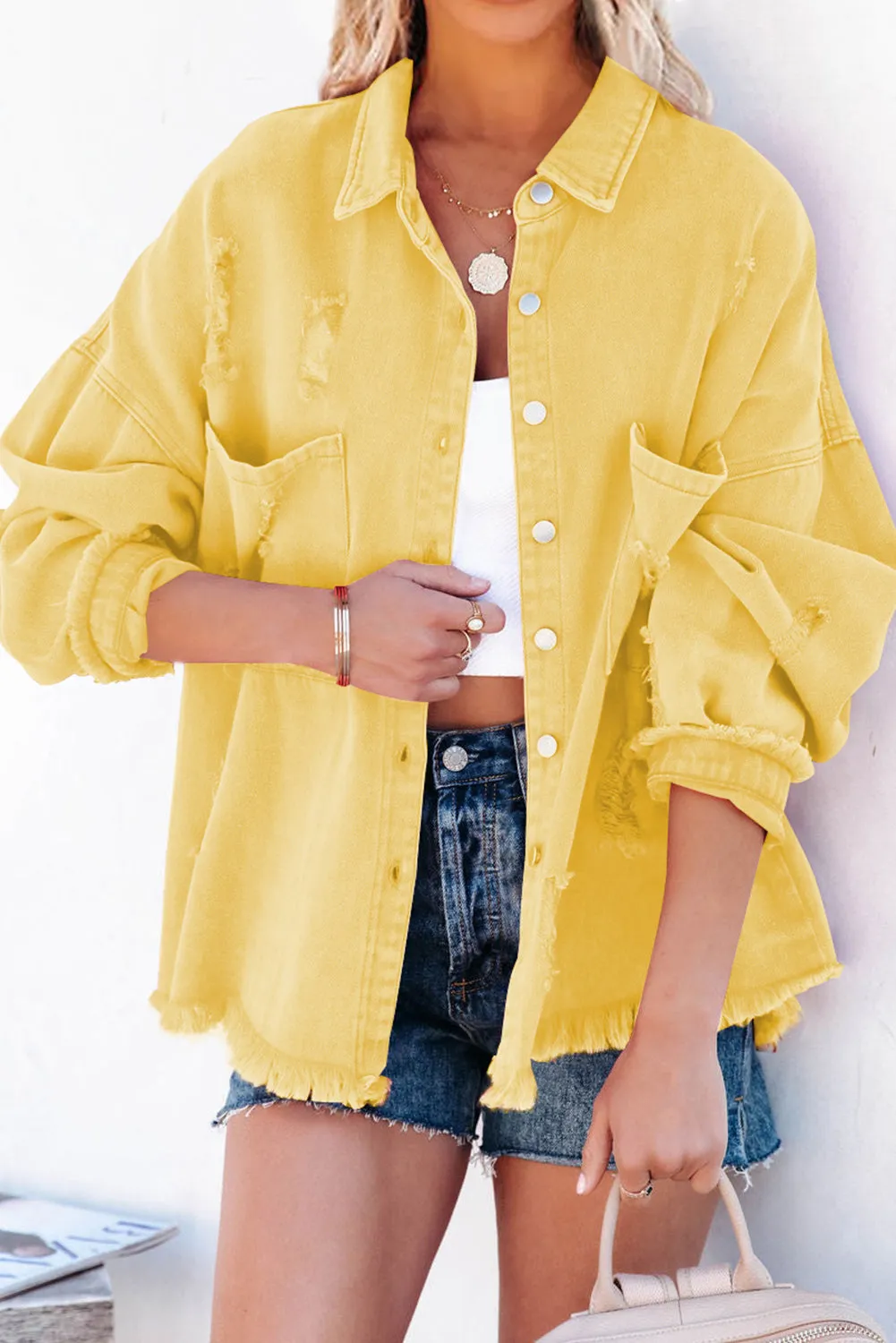 Distressed Fringe Trim Denim Jacket