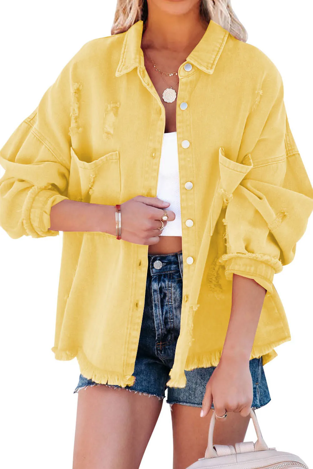 Distressed Fringe Trim Denim Jacket