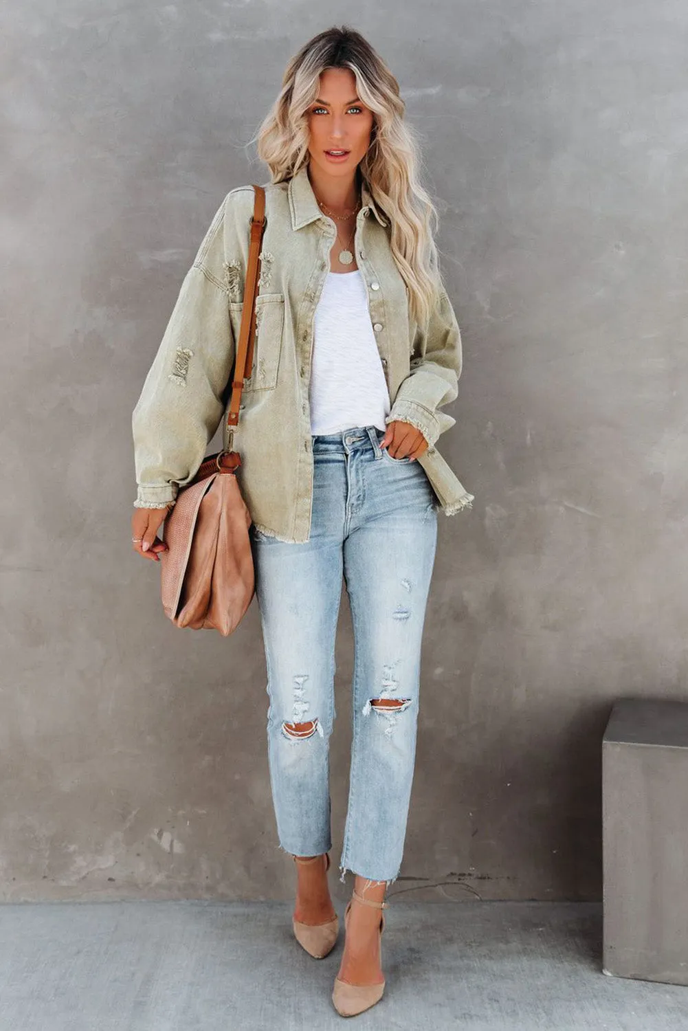 Distressed Fringe Trim Denim Jacket