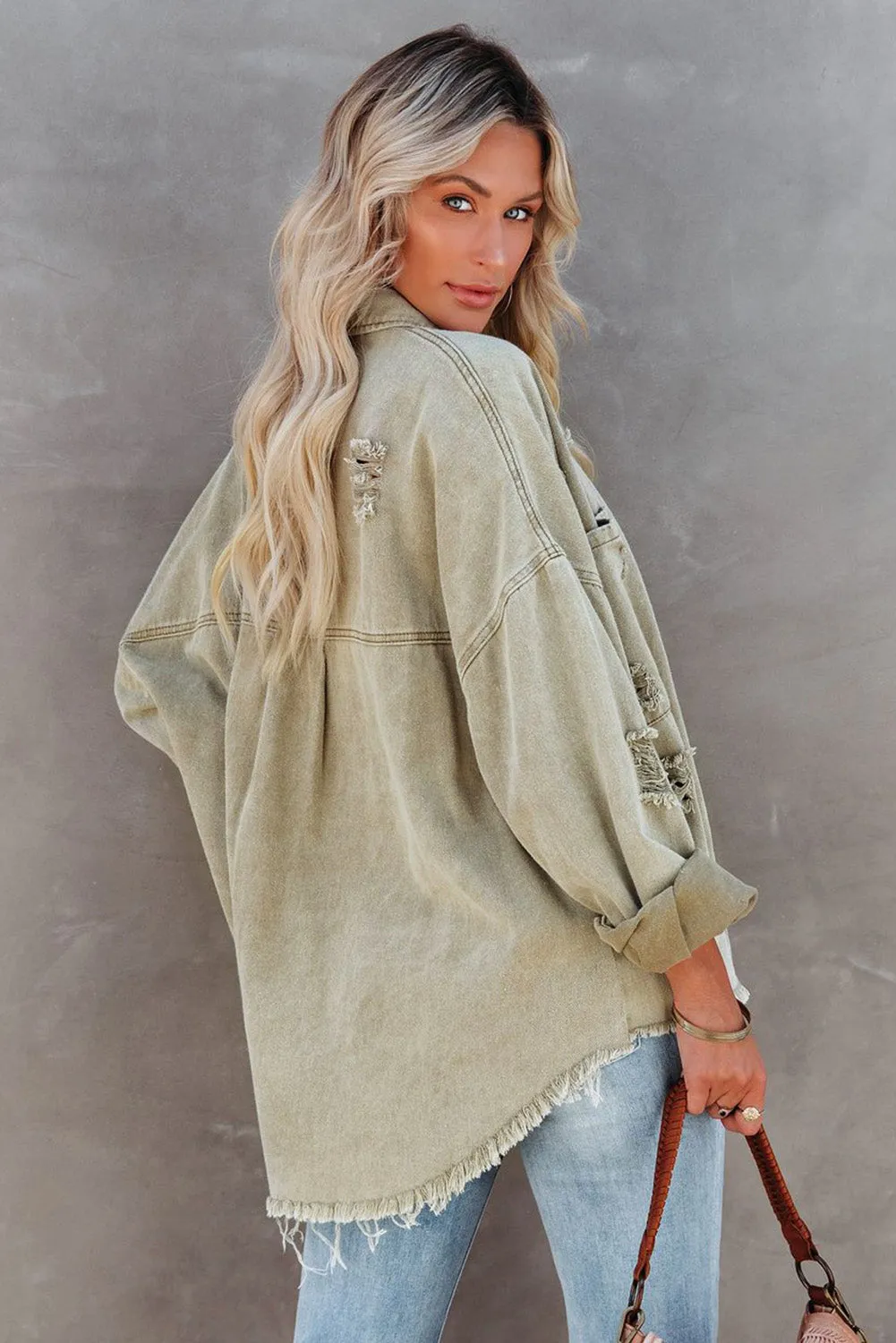 Distressed Fringe Trim Denim Jacket