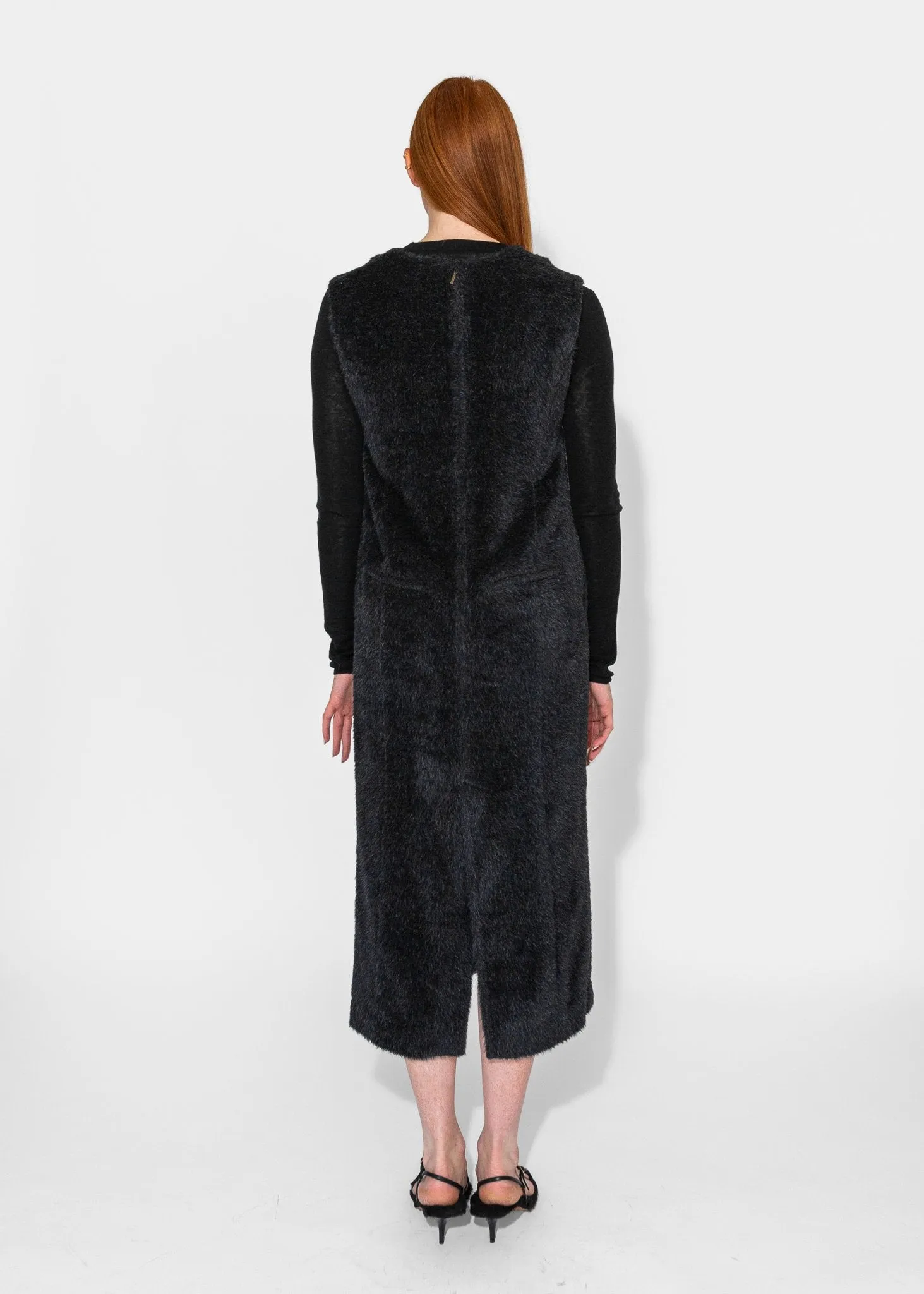 Eco Fur Deep V Dress in Black