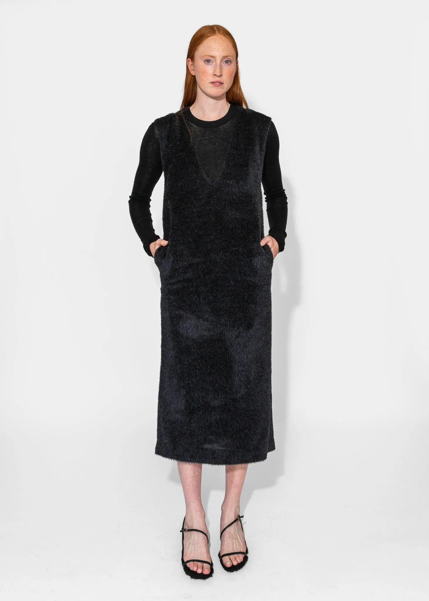 Eco Fur Deep V Dress in Black