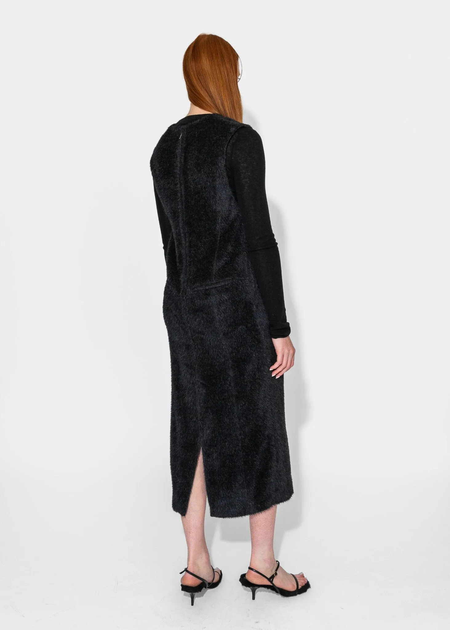 Eco Fur Deep V Dress in Black