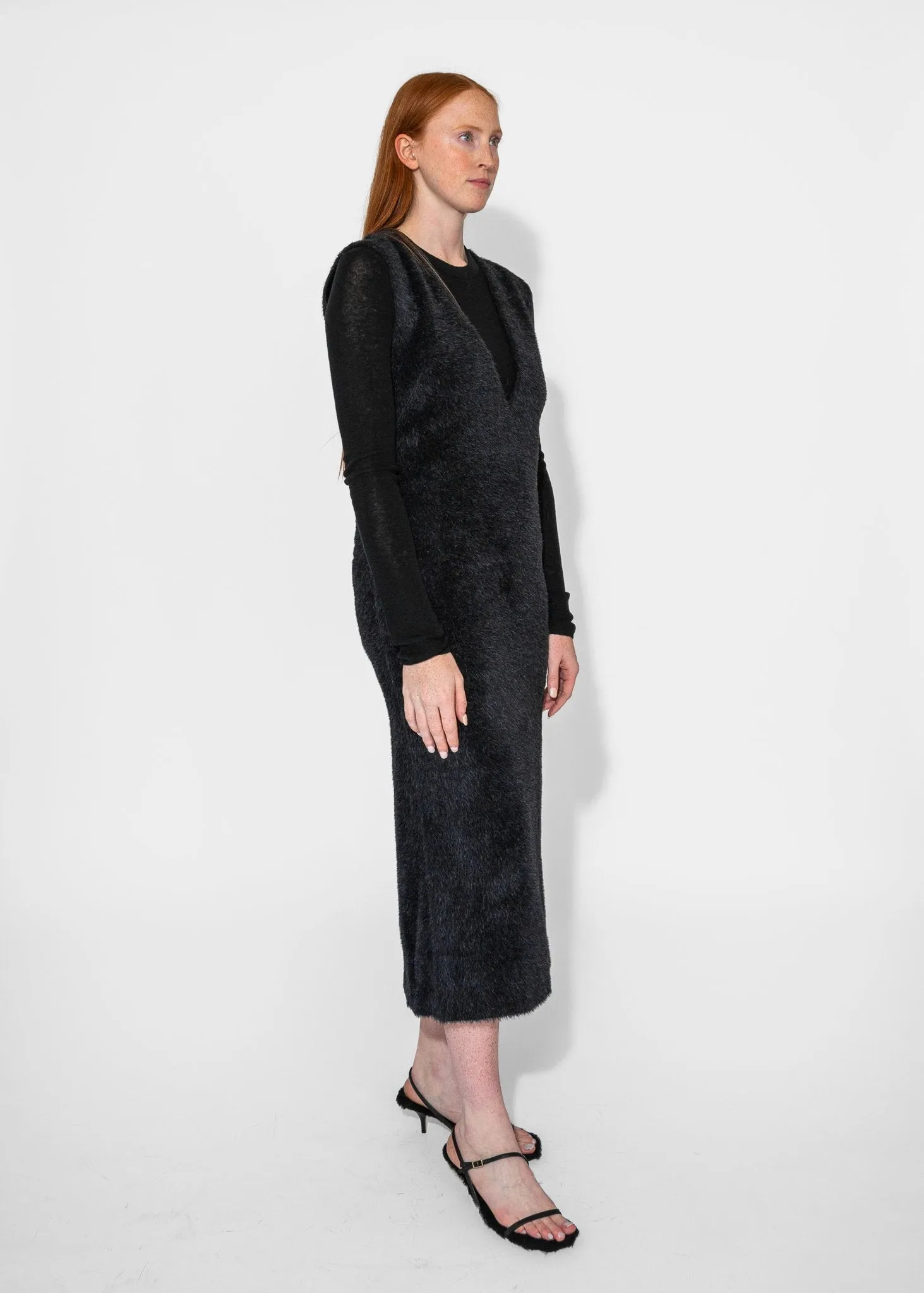 Eco Fur Deep V Dress in Black