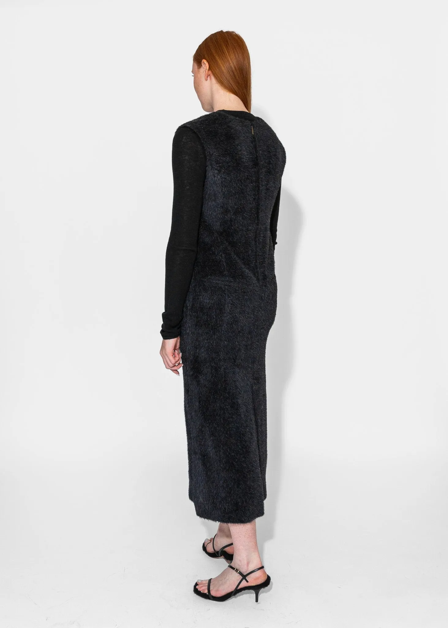 Eco Fur Deep V Dress in Black