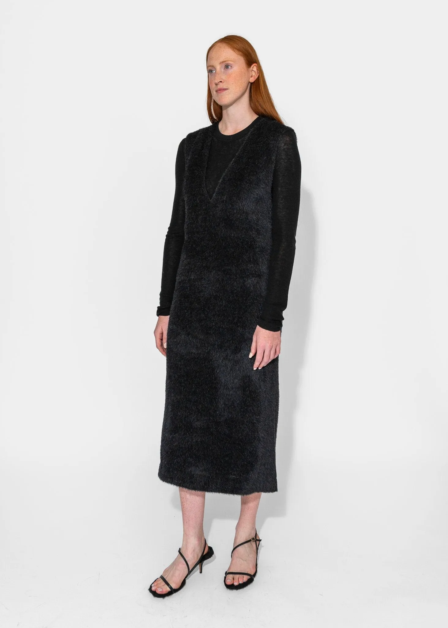 Eco Fur Deep V Dress in Black