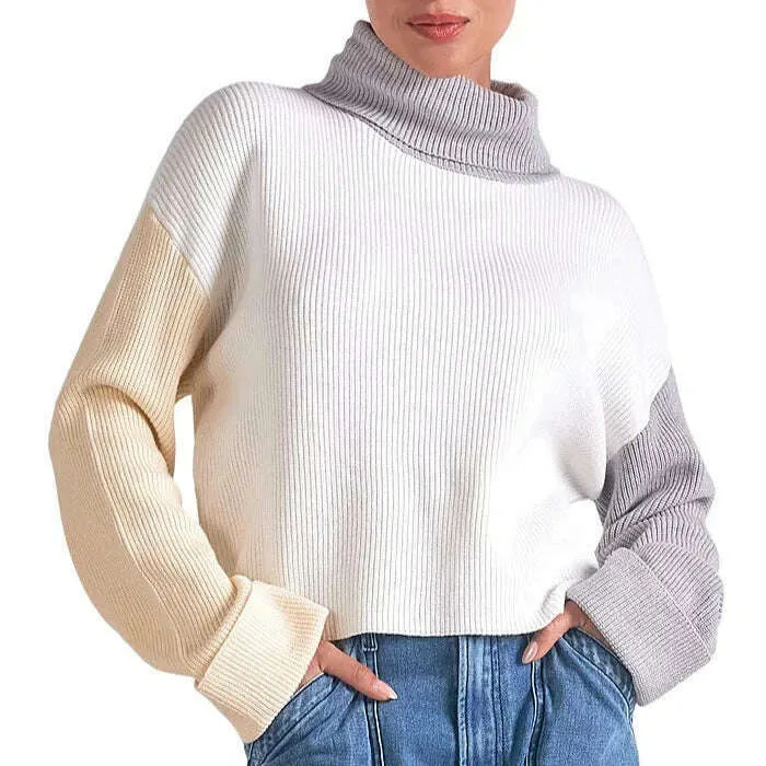 ELAN - Colorblock Crop Sweater - White/Grey/Beige