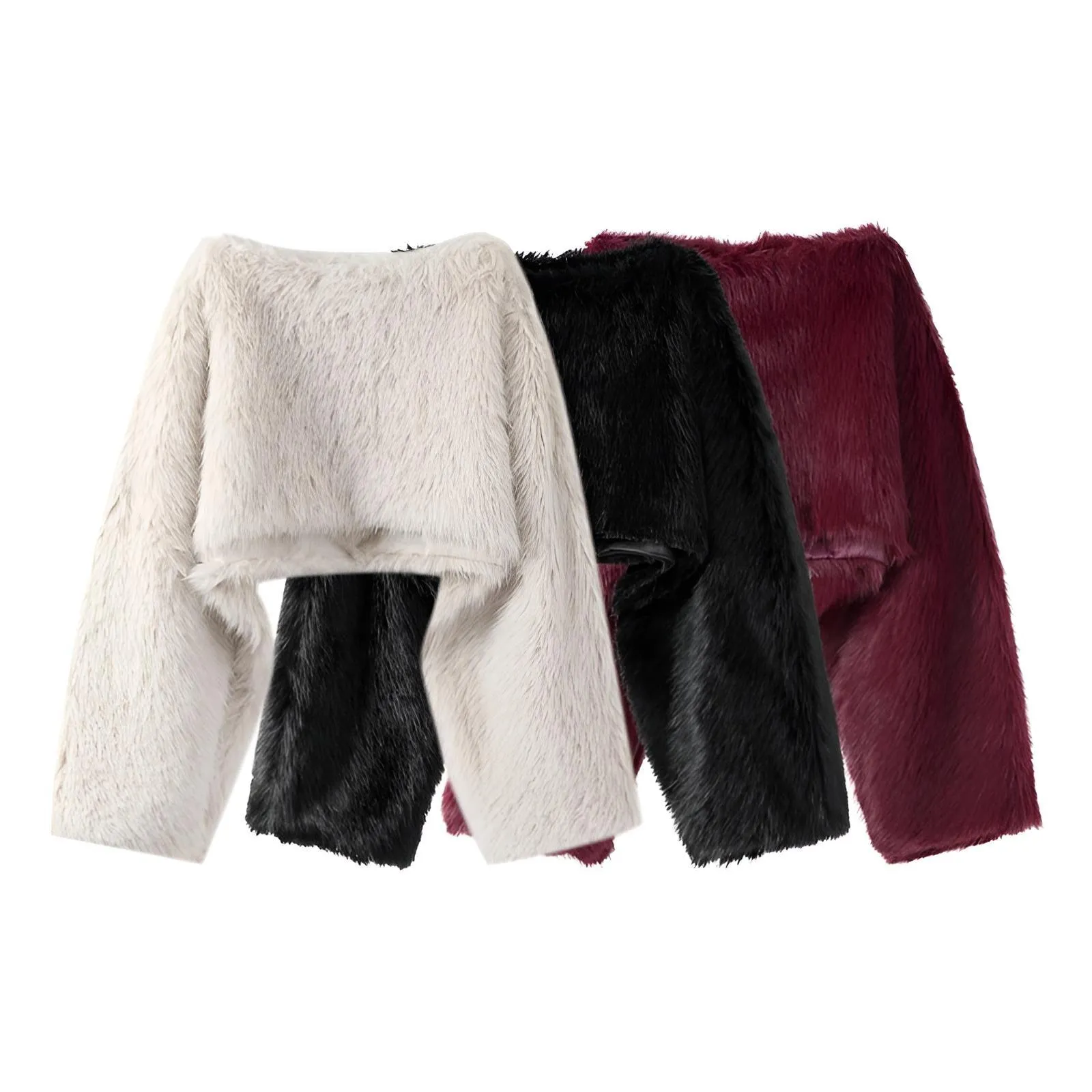 Elegant Women's Faux Fur Crop Top Long Lantern Sleeves Thick Sweaters Female Autumn Winter Fashion Solid Warm Outwears Lady