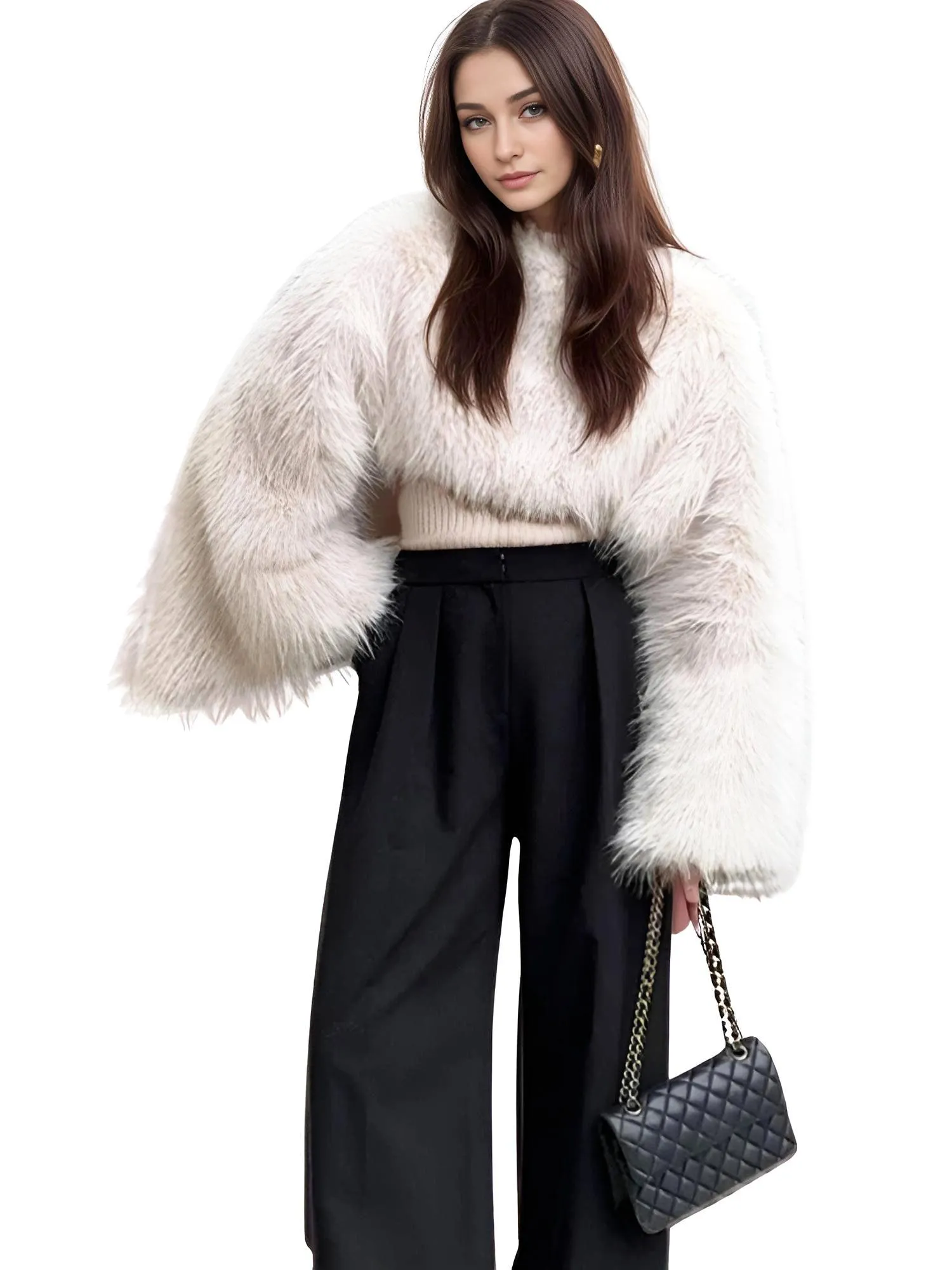 Elegant Women's Faux Fur Crop Top Long Lantern Sleeves Thick Sweaters Female Autumn Winter Fashion Solid Warm Outwears Lady