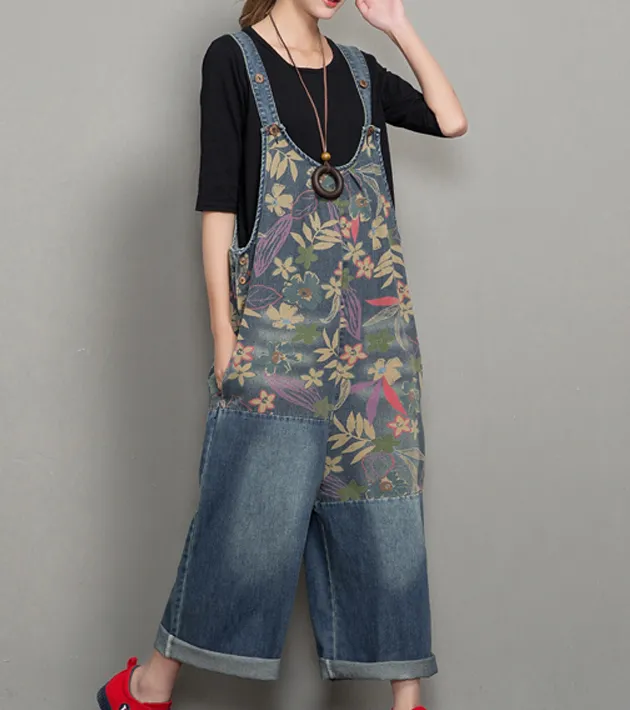 Floral Loose Handmade Denim Casual Spring Denim Overall Women Jumpsuits QY01