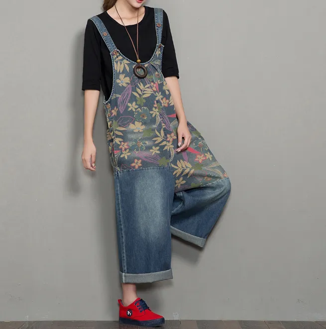 Floral Loose Handmade Denim Casual Spring Denim Overall Women Jumpsuits QY01